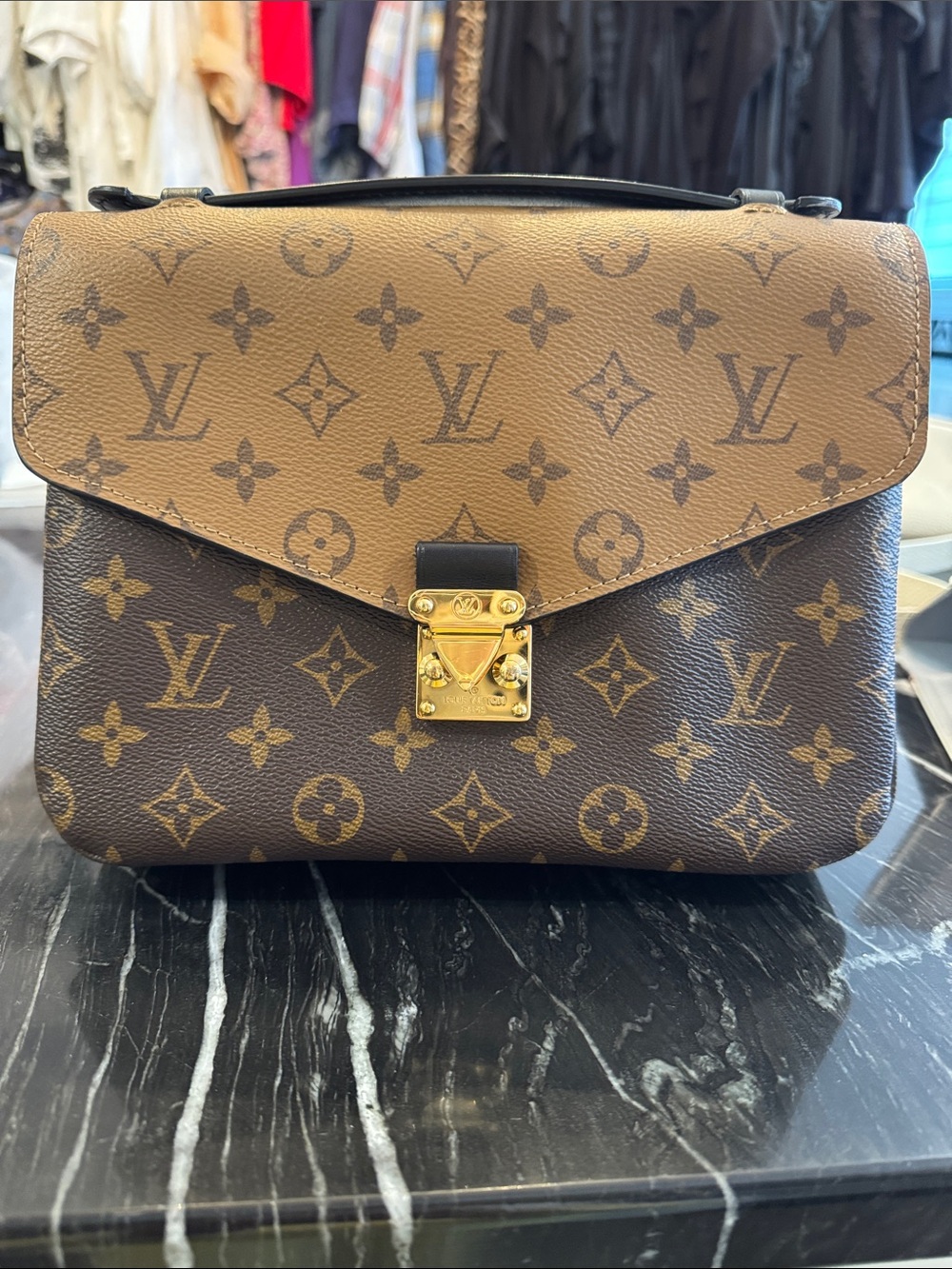 Louis Vuitton Brown/Tan Monogram Reversible Satchel with Gold Hardware
